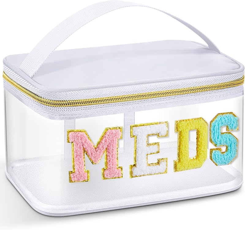 Necessaire branca Geetery com zíper, alça e letras chenille MEDS