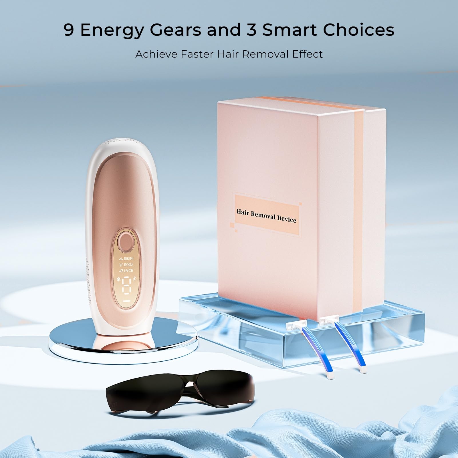 Épilateur Lumière Pulsée IPL avec Technologie de Refroidissement Saphir, 9 Niveaux d'énergie, Astuces Intelligentes Pour le Corps/bikini/visage - Flashs Illimités