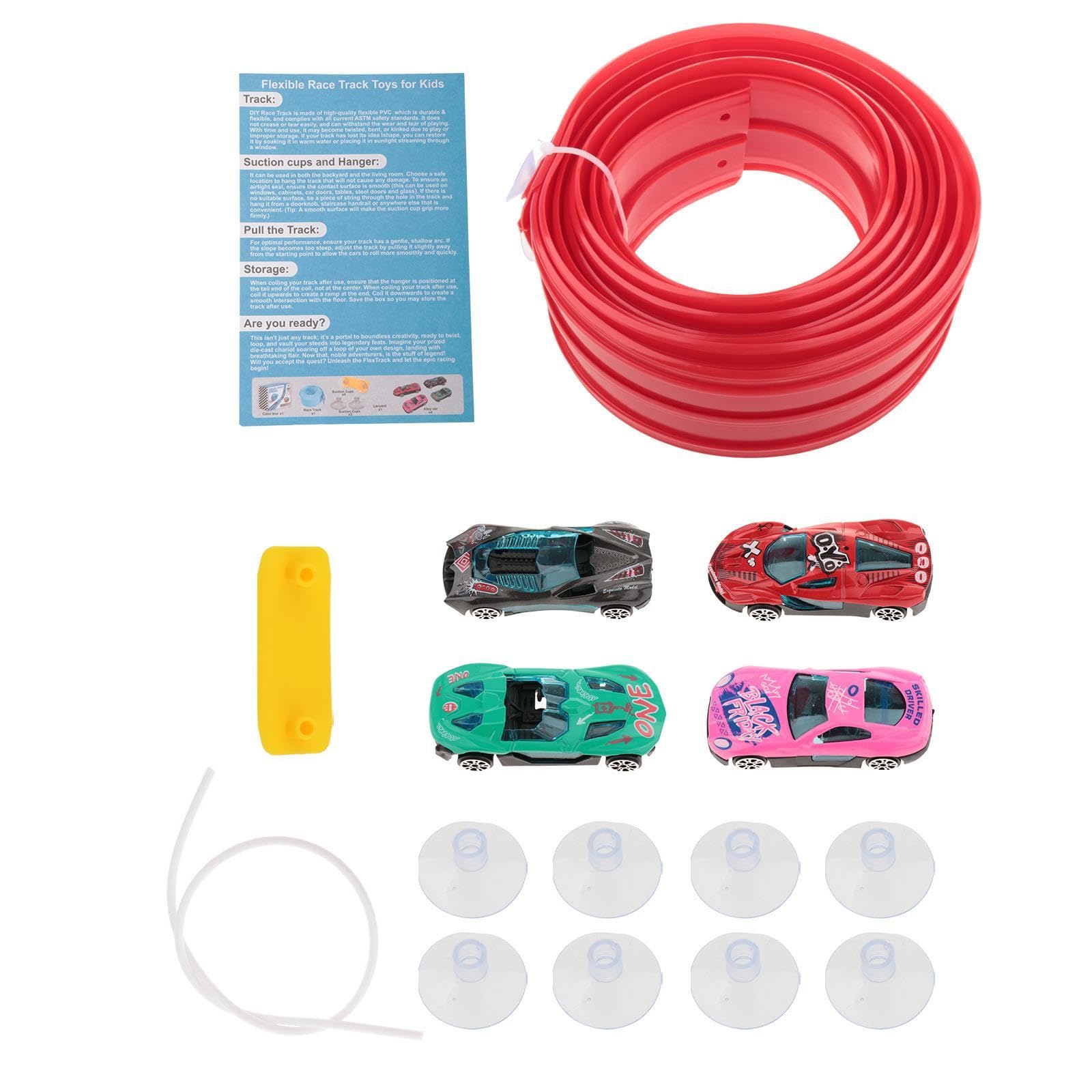 Pista de Carreras Flexible de 4,5 Metros con 4 Coches de Aleación, Kit de Construcción con Ventosas, Juguete Portátil para Niños, Rojo