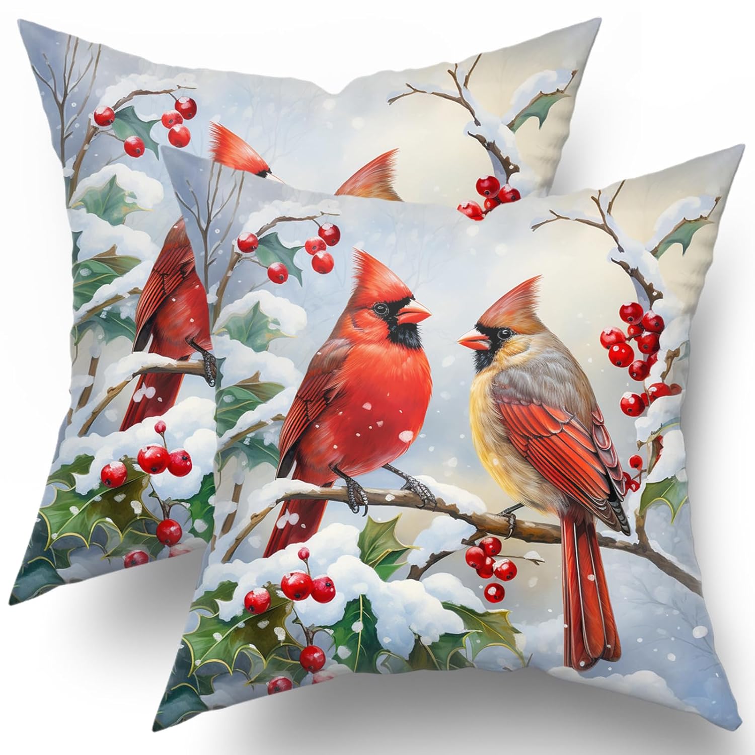 Winter Red Bird Throw Pillow Cover Set of 2 20x20 Inch Winter Christmas Pillowcase Nature Birds Scene Cushion