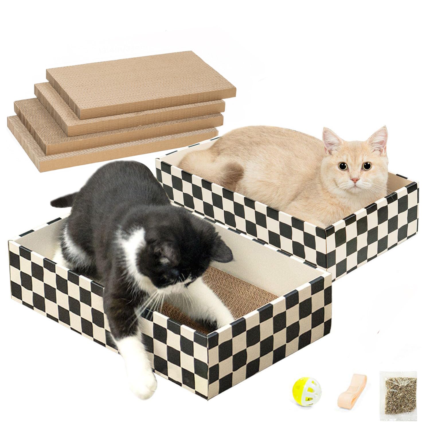 Conlun Cat Scratcher Box with 4 Scratching Pads&2 Separate Cardboard Boxes,2-in-1 Cardboard Cat Scratch for Multiple Kitten Interactive Play,Birthdays Holiday Toys Gift,Checkered-Ball Toy