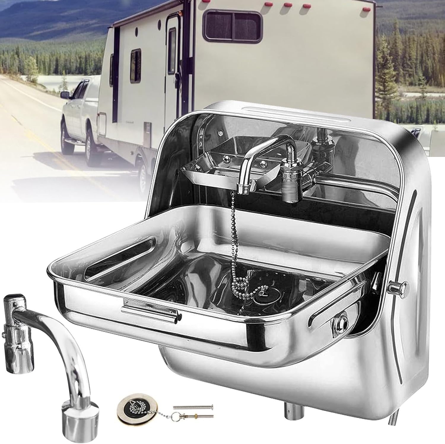 RV Wall-Mounted Sink,RV Kitchen Sink, Stainless Steel Wash Basin Sink W/Cold Water Faucet, Wall Mounted Bathroom Sink for Camper, Boat Trailer, Caravan,A