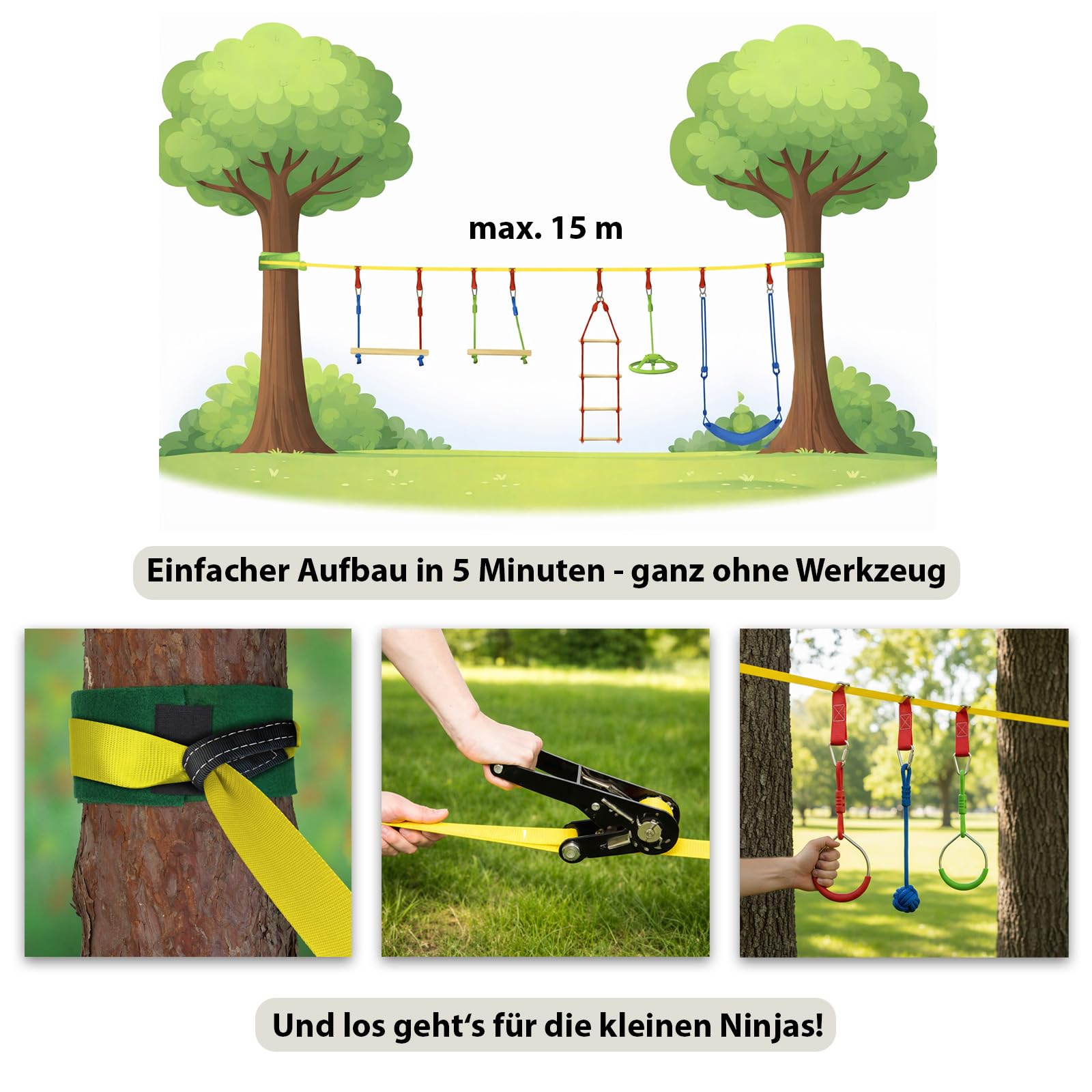 ALPIDEX Ninja Line Kinder Slackline 15m Hindernisse Set Turnringe Schaukel Kletterleiter Zubehör Erweiterbar Warrior Parcours Outdoor Hindernisparcours Garten 7 Jahre Garantie auf Material*