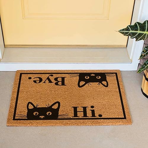 Miniatura 5 de Tapete divertido de fibra de coco con texto en inglés «Hi Bye», bonito tapete con temática de gato, decoración de porche delantero, tapete fino de