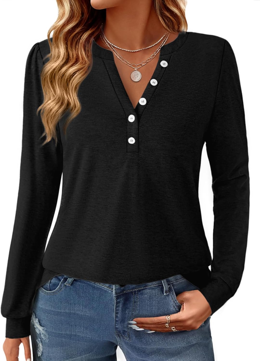 Women's Puff Long Sleeve Tunic V Neck Button Blouses Fall Tops Trendy Dressy Casual Business Henley Shirts