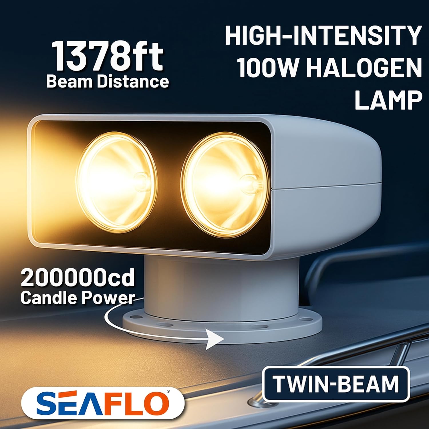 SEAFLO 03 Series 360° Rotating 12V DC Remote Control Halogen Boat Searchlight –100W, IP65 Waterproof, Beam Distance: 1378 FT (420m) - CE & Rohs Certified, (Candle Power: 175000cd, Voltage: 12V)
