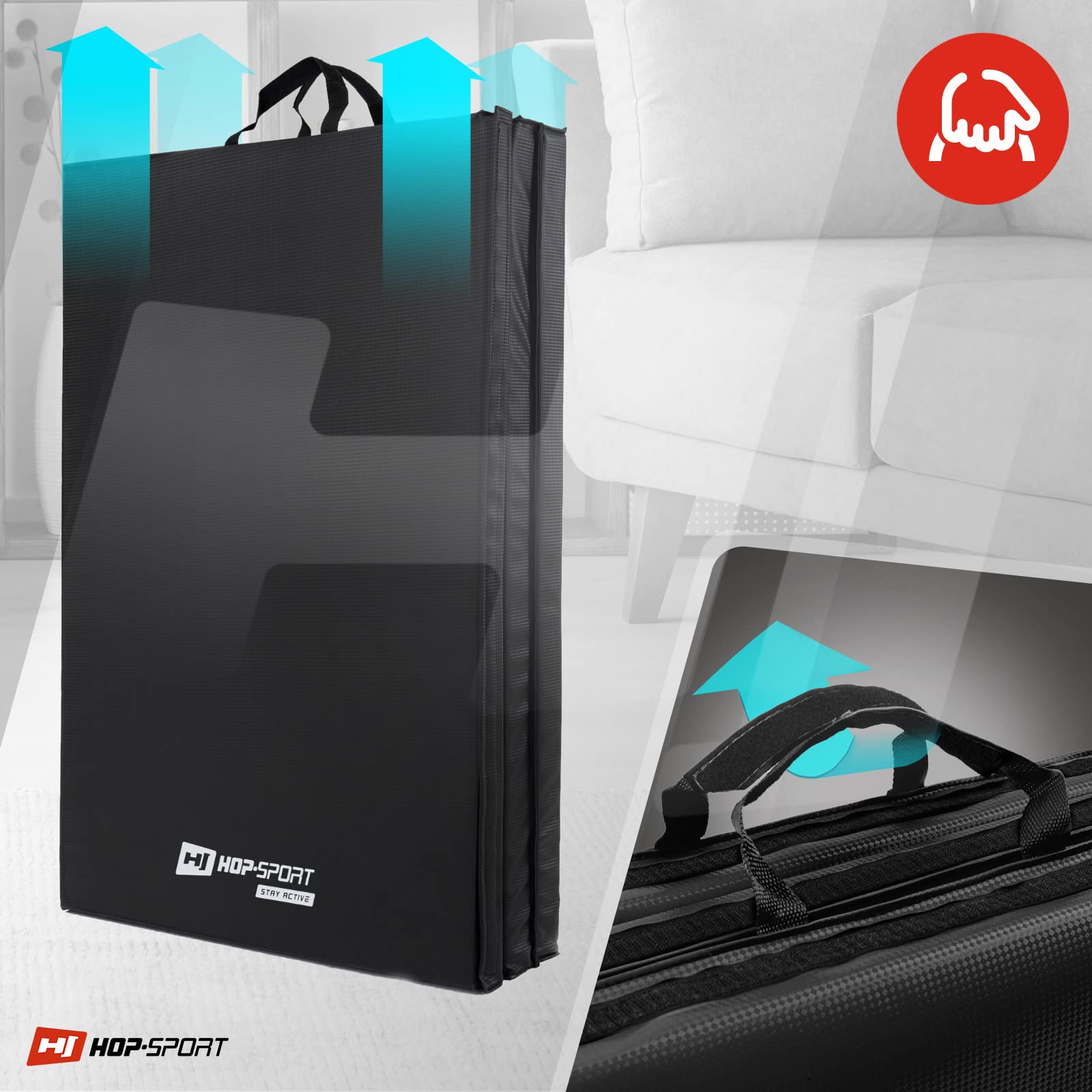 Hop-Sport Turnmatte klappbar - Bodenweichmatte für zuhause 183x90x5cm - Fitnessmatte, Gymnastikmatte mit Tragegriffen und Klettverschluss Dicke 5cm - Schwarz