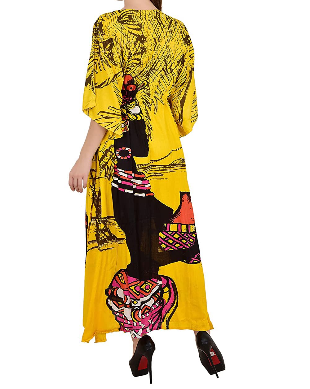 Ukal Caftan en coton pour femme - Impression numérique - Caftan - Robe longue - Longueur cheville - Sarong - Jaune - Taille unique