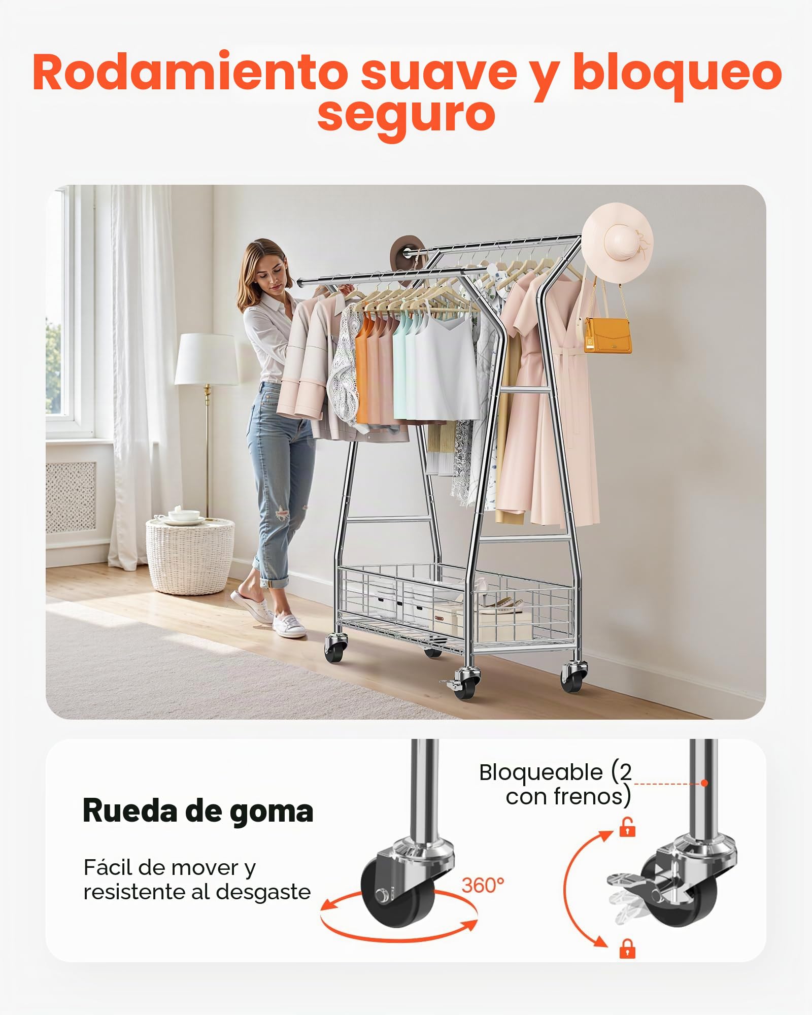 VEVOR Perchero Burro para Ropa 107-166 cm 2 Barras para Colgar y Cesta de Almacenamiento, Burro de Ropa con Ruedas, Carga de 150 kg, de Acero al Carbono, para Dormitorio, Lavandería, Sala de Estar