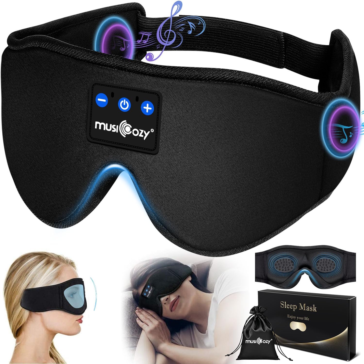MUSICOZY Bluetooth Sleep Mask,Upgraded 3D Sleep Headphones Eye Mask with Headphones for Men & Women,Wireless Music Sleep Mask Sleeping Headphones for Travel/Nap/Yoga/Meditation/Night/Relaxation