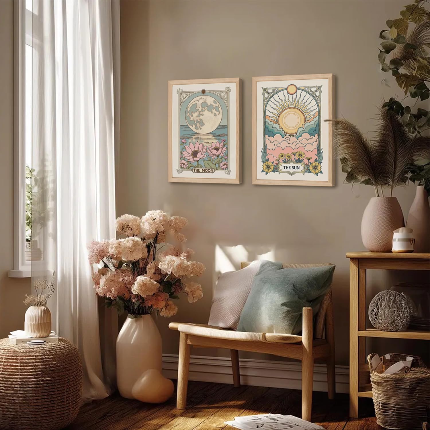 Sun and Moon Celestial Wall Art Set of 2, Vintage Tarot Wall Decor Painting, Eclectic Astrology Poster Canvas Prints Picture for Bedroom Living Room 12x16 inch Wood Framed