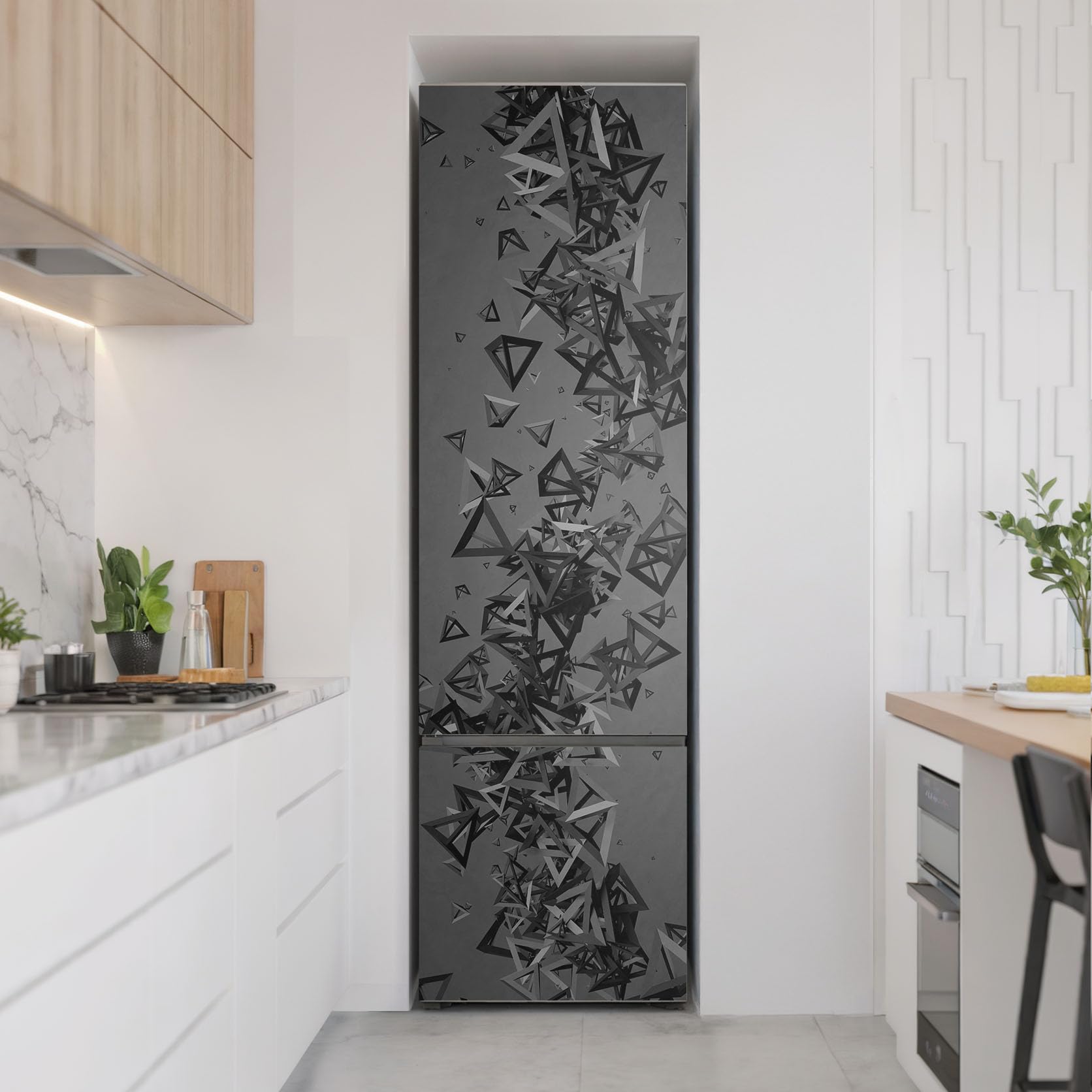 Autocollant Porte Réfrigérateur 60x205 cm Auto-adhésif pour Cuisine Couvrant Entièrement Sticker Décalcomanie Protection Contre les Dégâts Décoration - Triangles 3D abstraits