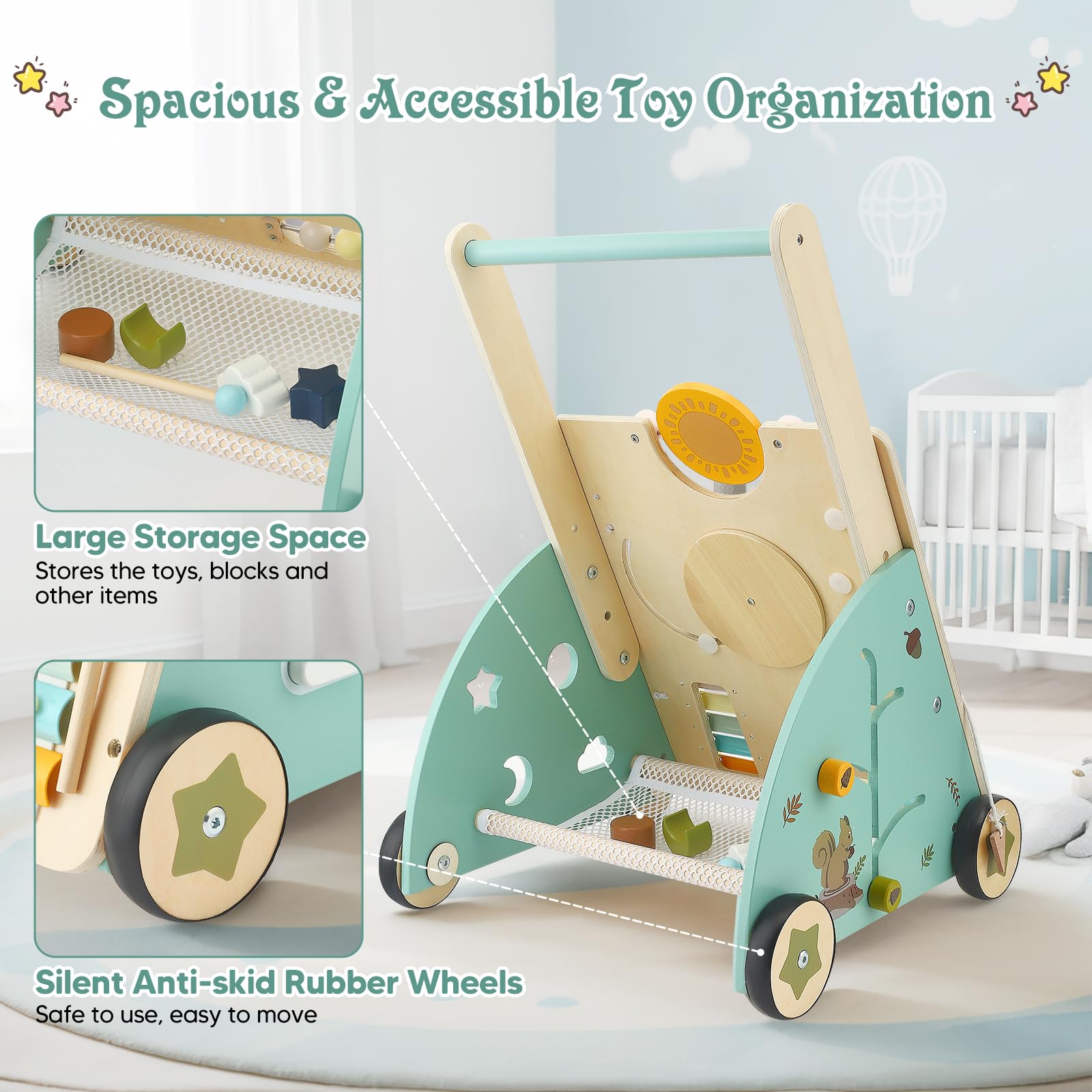 Carrello Primi Passi in Legno per Bambini,10 in 1 Baby Activity Center Push Walker regolabile, Girello Montessori con Centro Attività,da 10 mesi a 1-2 anni,Baby Walker Regali di Compleanno