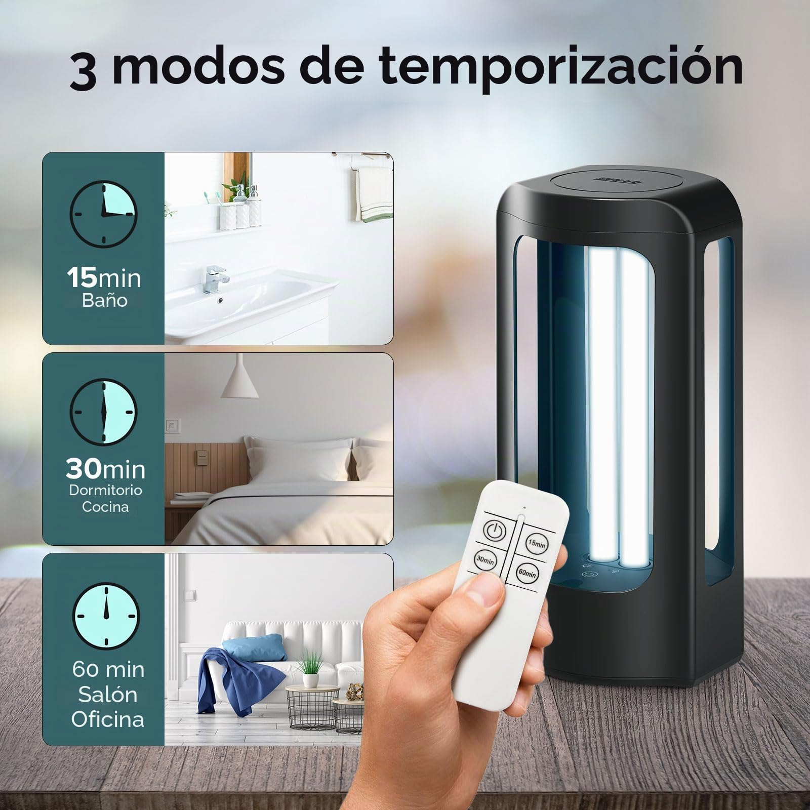 SANSI - Lámpara de desinfección UV de 42 W, lámpara de esterilización UVC con mando a distancia (longitud de onda 254 nm), esterilizador UV portátil para dormitorio, hotel, cocina, baño, sin ozono