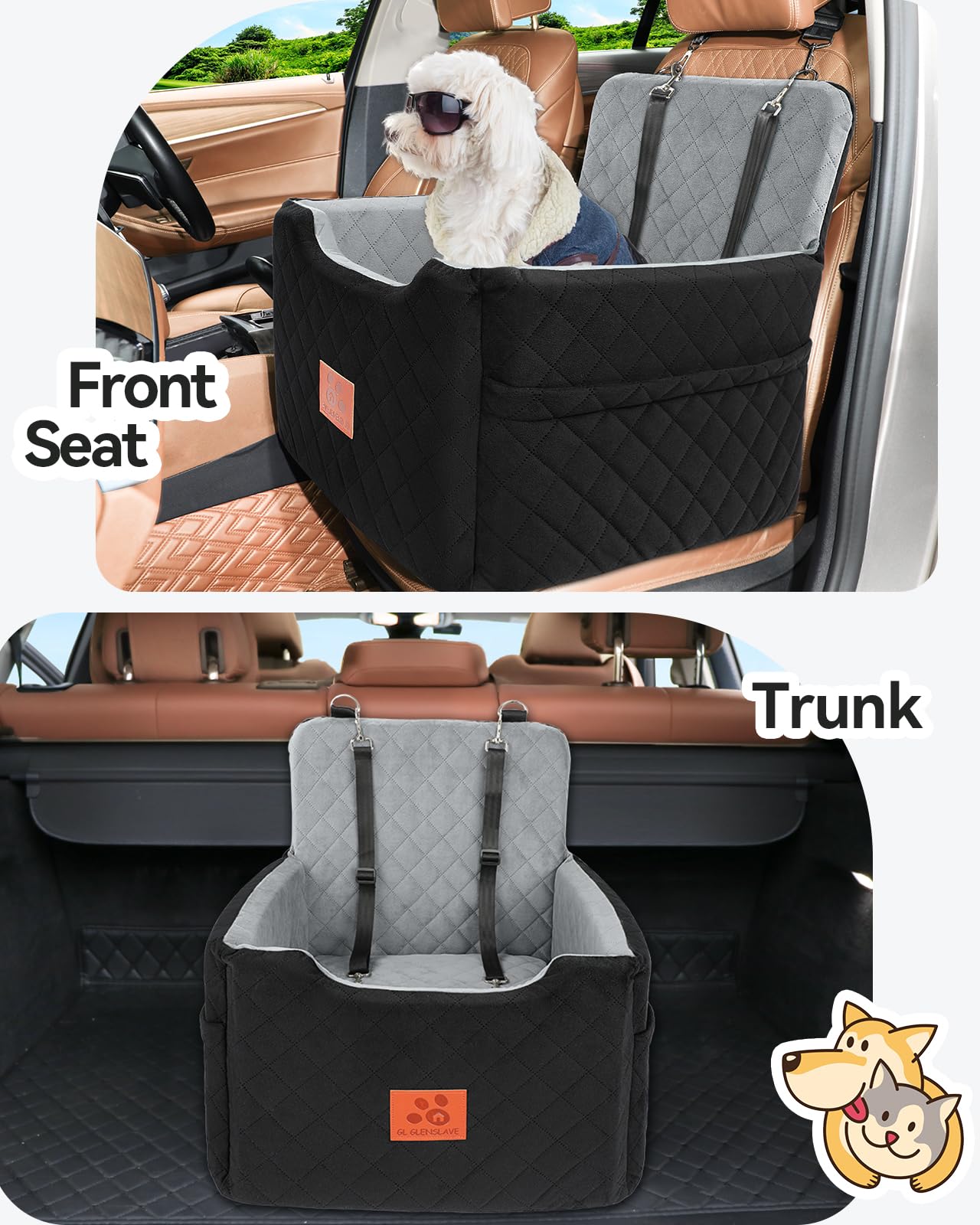 Dog Car Seat for Small/Medium Dogs Under 35lbs,Memory Foam Dog Booster Seats,Detachable and Washable Traval Pet Car Seat, Dogs Bed with 2 Safety Belts(Balck/Grey) - image 5