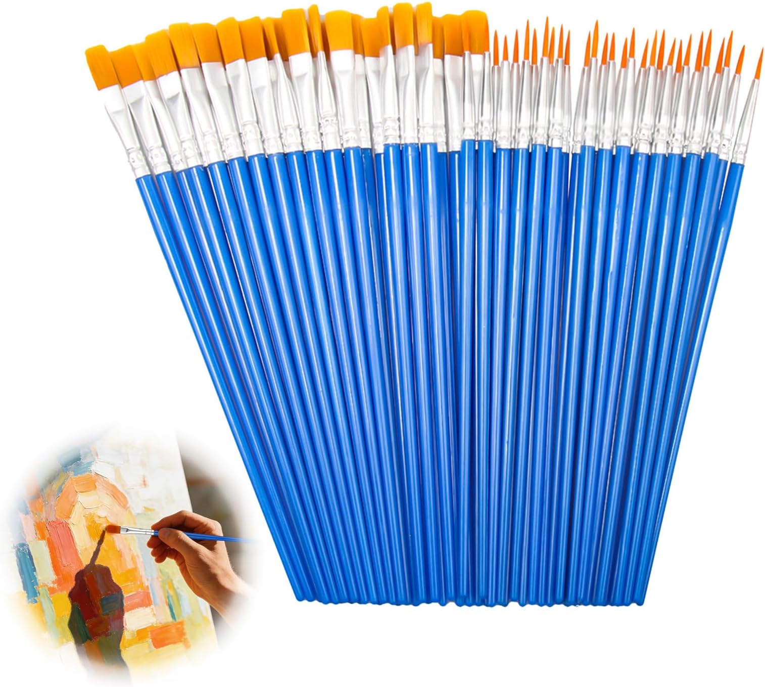 QLK Small Paint Brushes Set, 60 PCS Nylon Paintbrushes Bulk with Flat and Round Pointed, Children's Number Oil Paintbrush Set for Detail Painting Kids Beginners Acrylic Watercolor (Blue)