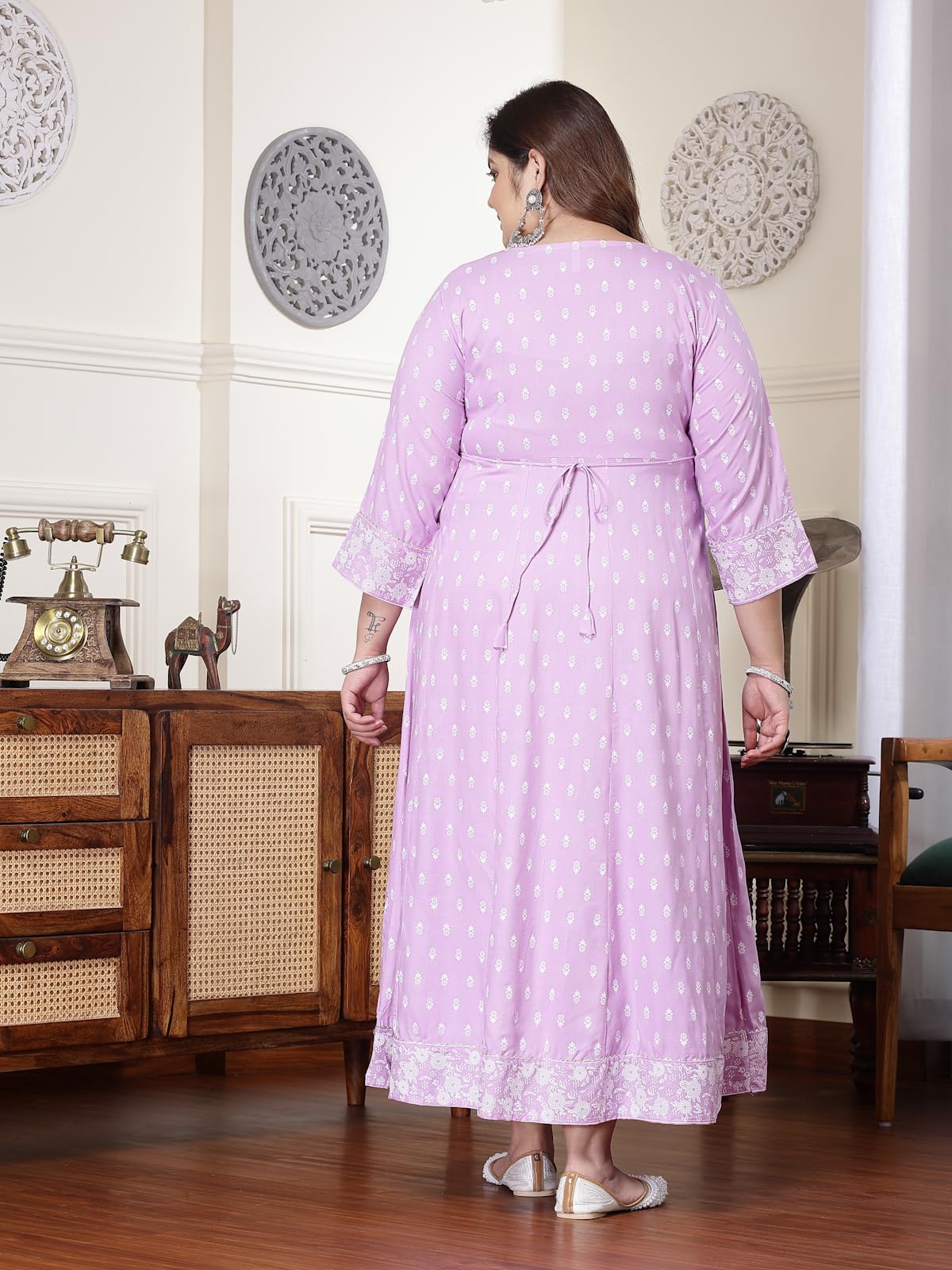 Stylum Plus Size Women Printed & Embroidered Rayon Anarkali Kurta (Lavenderdionplus46_Lavender, 3Xl)