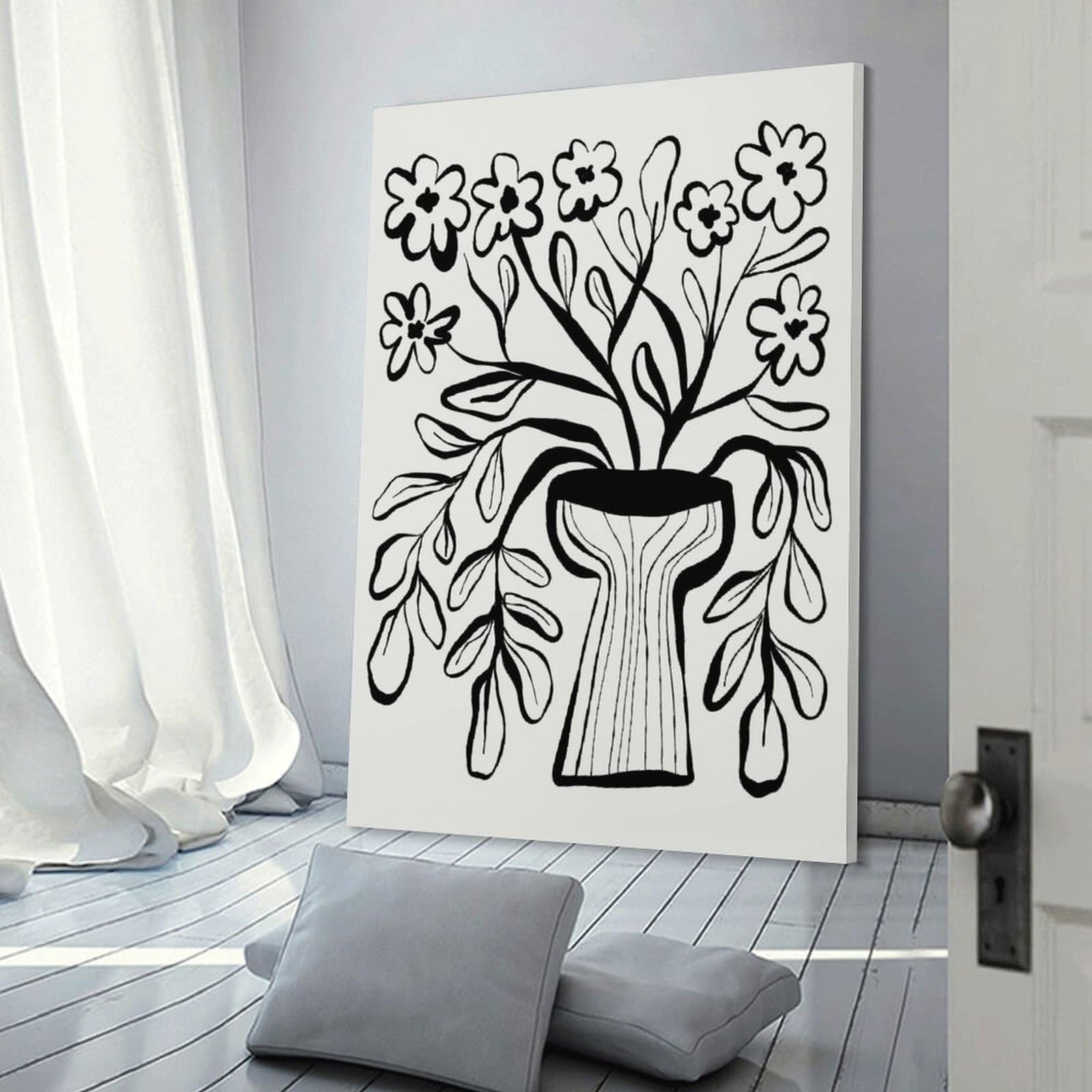 Junmoney Black And White Floral Vase Illustration Room Decor Wall Art, 16x24inch(40x60cm), for Entrance Spaces, Stair Walls Or Halls, A Stylish Accent for Home Entrances
