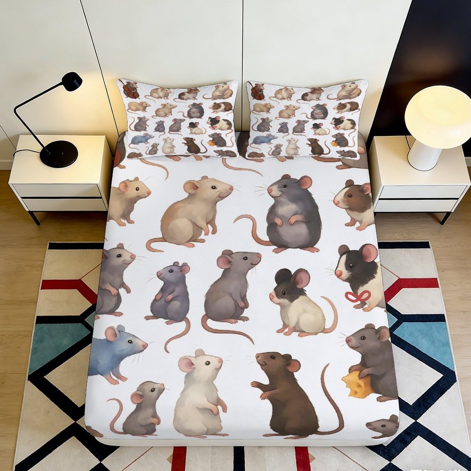 3D Printed Mouse Pattern Fitted Sheet Microfiber Deep Pocket Non-Slip Bedding Mouse Mattress Fitted Cover Elastic Hem Bedroom 140x200x25cm