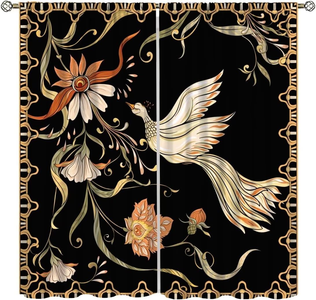 Vintage Bird Curtains,Japanese Style Asian Traditional Art Flower Phoenix Floral Polyester Fabric Curtains for Bedroom Living Room Kitchen Window Drapes 2 Panel Set,Total Size 42" x 45"