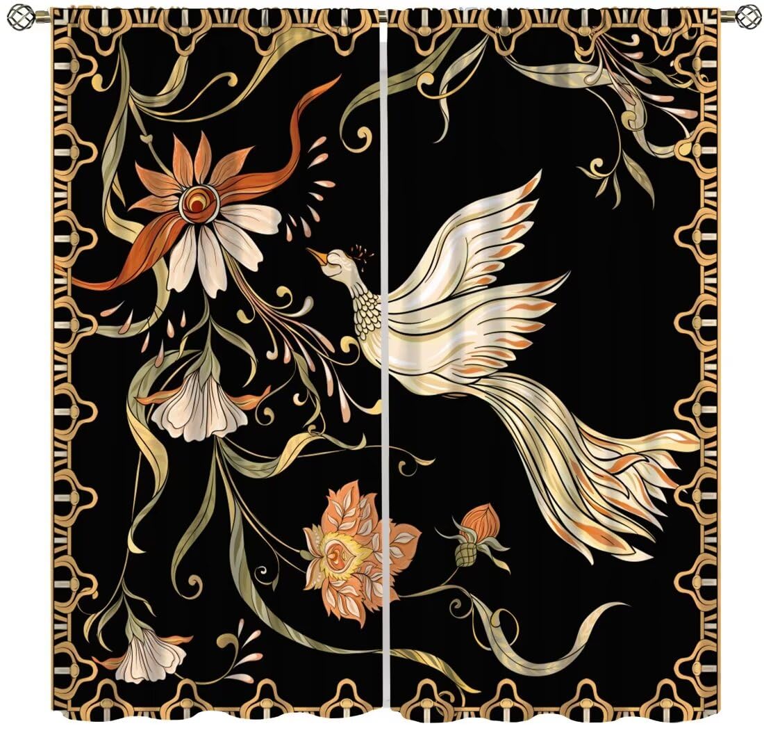 DDCBNS Vintage Bird Curtains,Japanese Style Asian Traditional Art Flower Phoenix Floral Polyester Fabric Curtains for Bedroom Living Room Kitchen