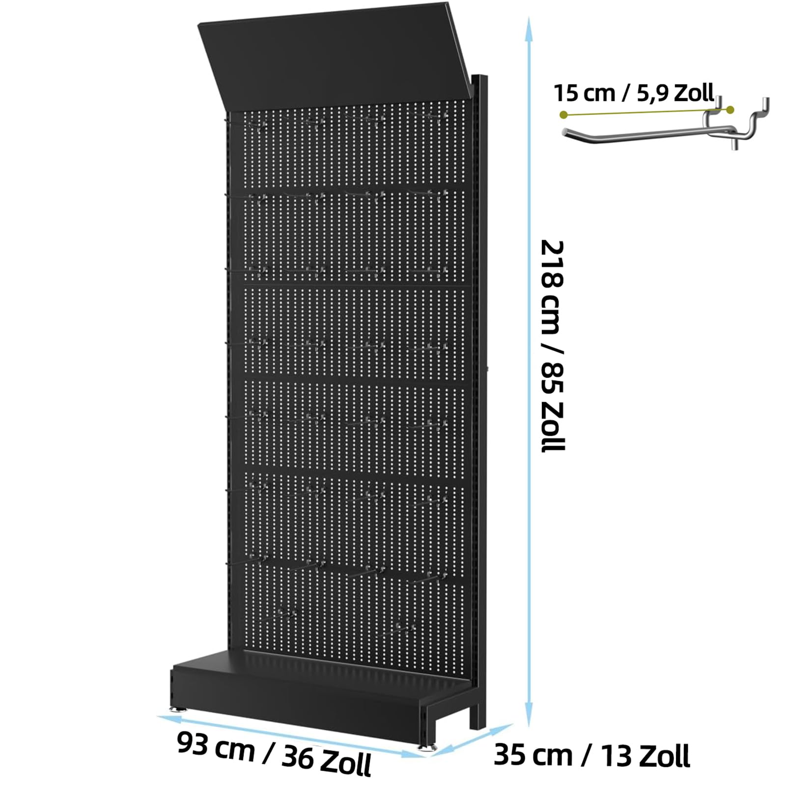 Pegboard-Ausstellungsständer mit 30 Haken, 218 x 93 x 35cm Metall-Pegboard-Organizer, Freistehendes Gondelregal für Einzelhandel, Heimwerker & Küche/Schwarz