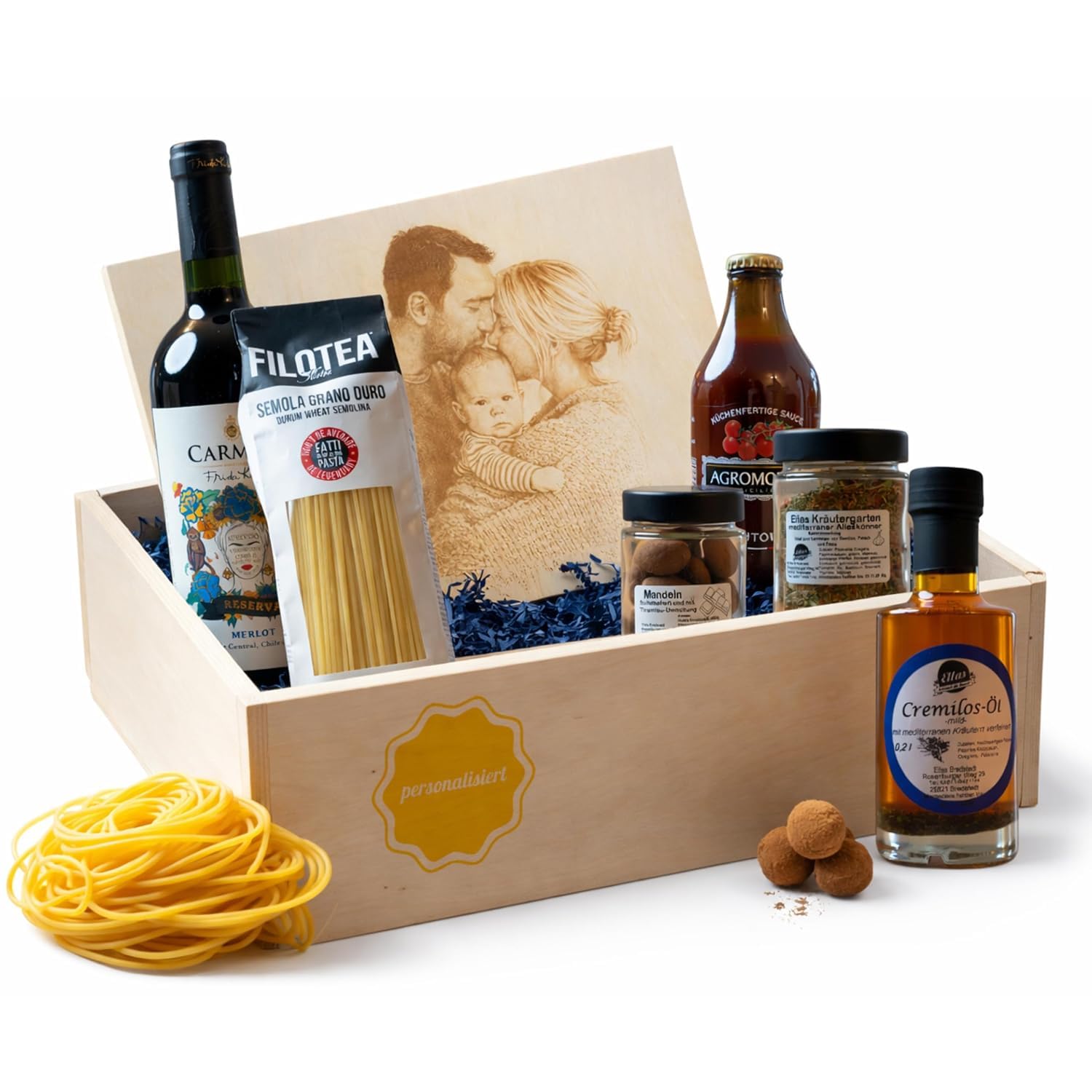 Ellas Personalisierter Präsentkorb Amore – Italienischer Feinkost Geschenkkorb/Geschenkset für Männer & Frauen in Holzbox – Premium Wein, Pasta, Öl & Mehr - Geschenk für Geburtstag & Paare