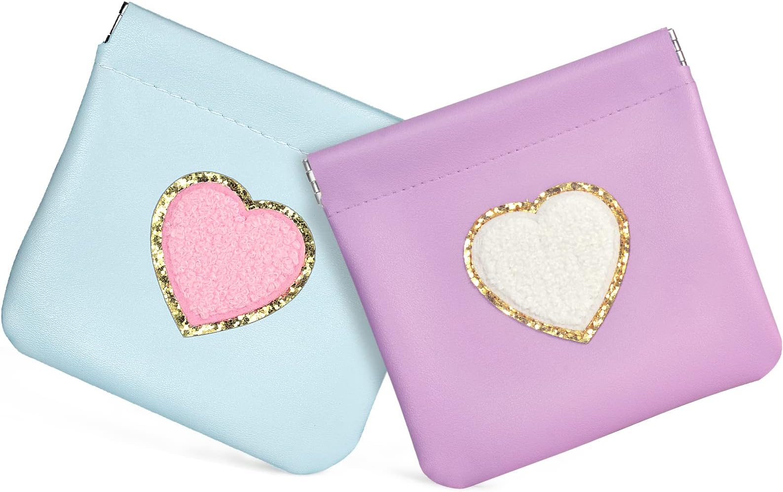 Coin Purse 2 Pack Change Purses Small PU Leather Cosmetic Bag Pocket Heart Makeup Organizer Cute Portable Waterproof Jewelry Travel Case for Girls Kids, Blue + Purple, Cute