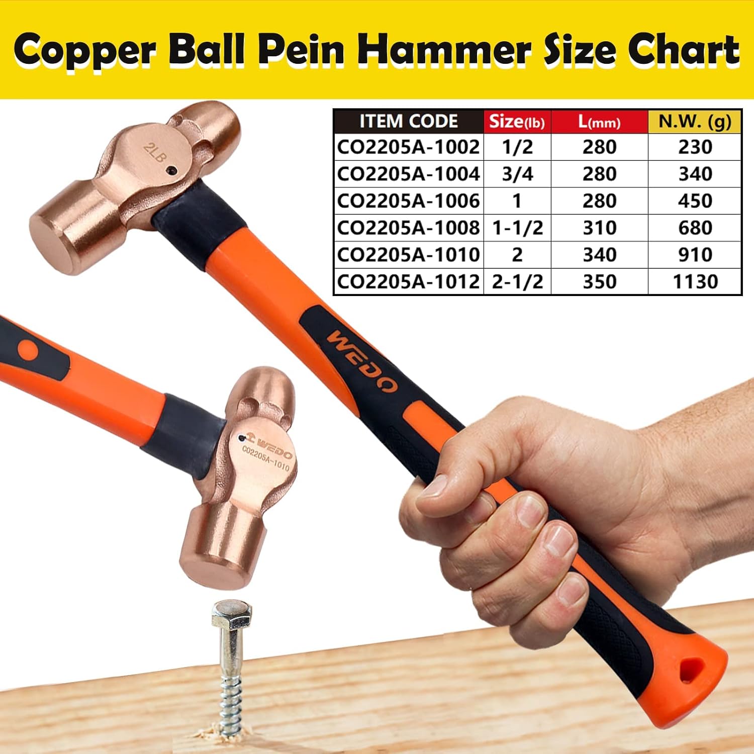WEDO Copper Ball Peen Hammer 32 oz(2lb), Ball Pein Hammer with Fiberglass Handle, Length 365mm(14"), Die-Forged, Corrosion Resistant, DIN Standard