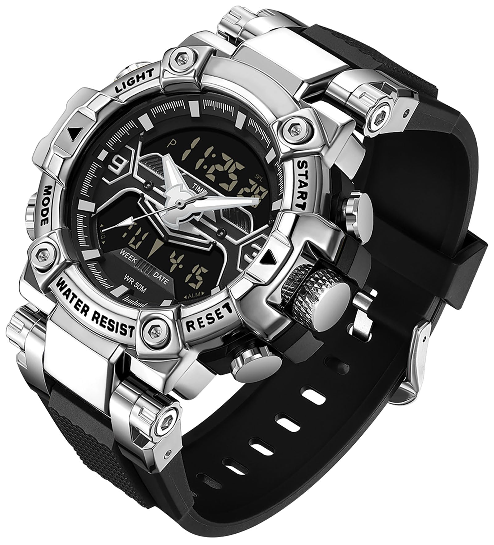 findtime Digital Herren Uhr Analog Armbanduhr für Männer Doppelanzeige Digitaluhr Schwarz Stoßfeste Sportuhr Uhren mit Stoppuhr LED Beleuchtung Alarm Datum Anzeige