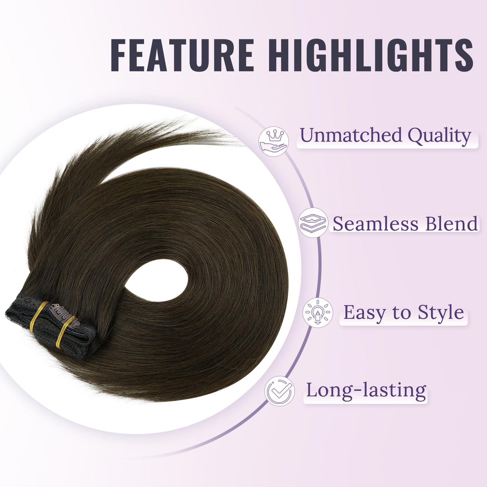 Fshine Darkest Brown Clip in Hair Extensions Human Hair Seamless Extensions Clip in Human Hair Brown Clip in Hair Extensions Natural Straight 16 Inch 135g - Image 2