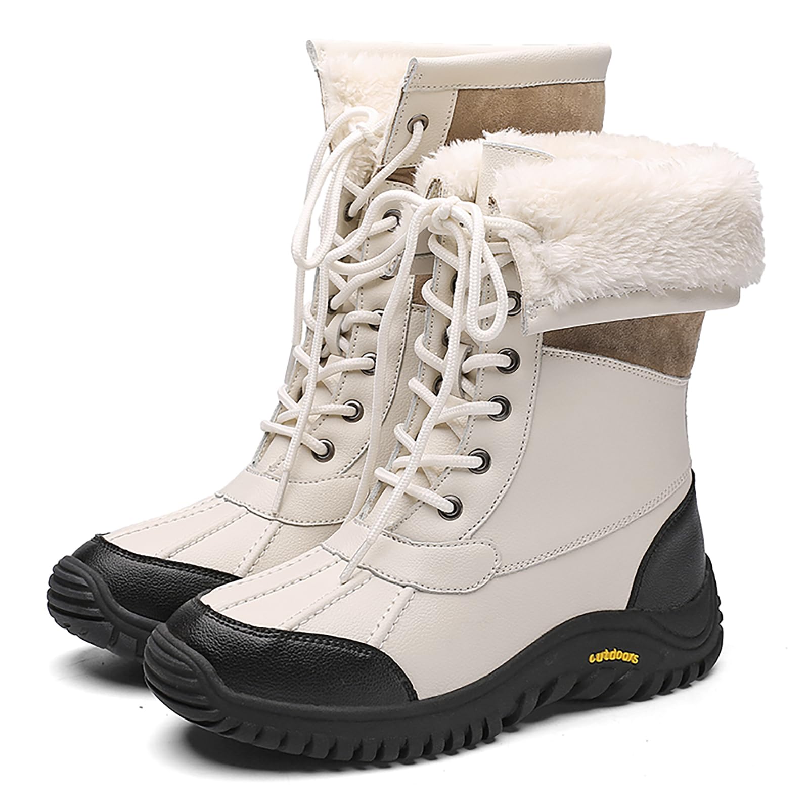 Womens Leather Furry Lined Mid Calf Snow Boots Waterproof Thicken Winter Warm Comfortable Lace Up Hiking Ankle Booties