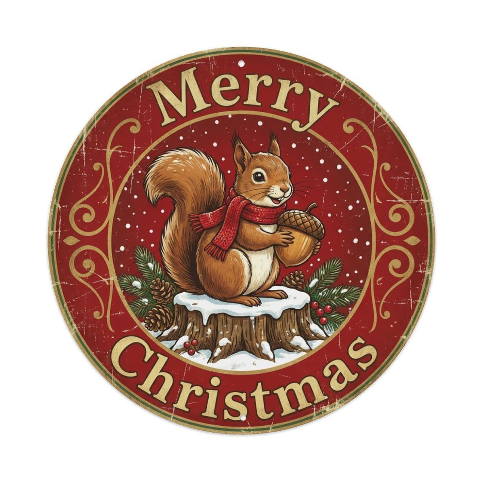 Merry Christmas Squirrel Acorn Winter Metal Tin Sign
