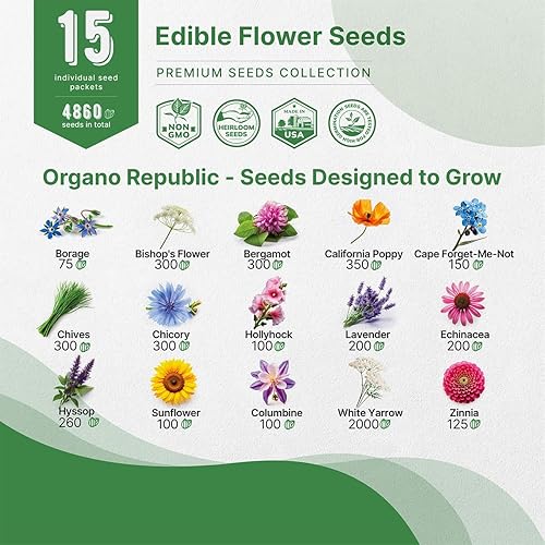Miniatura 9 de Organo Republic Paquete variado de 20 semillas de flores comestibles, interiorexterior. Más de 7000 semillas sin OMG borraja, bergamota, capuchina,