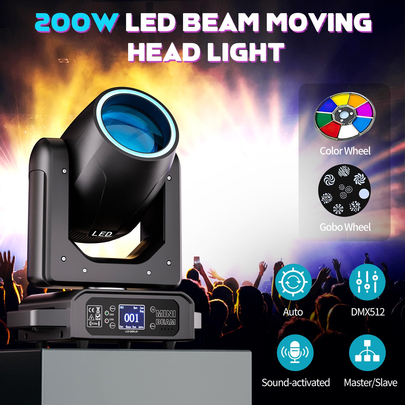 200W Beam Moving Head Bühnenlicht 7+1 Farben 12 Muster Bühnenlicht Strahler 18 Prisma Färbung mit RGB Leuchtring Partylicht für Hochzeits Bühne Party lichter lichteffekte