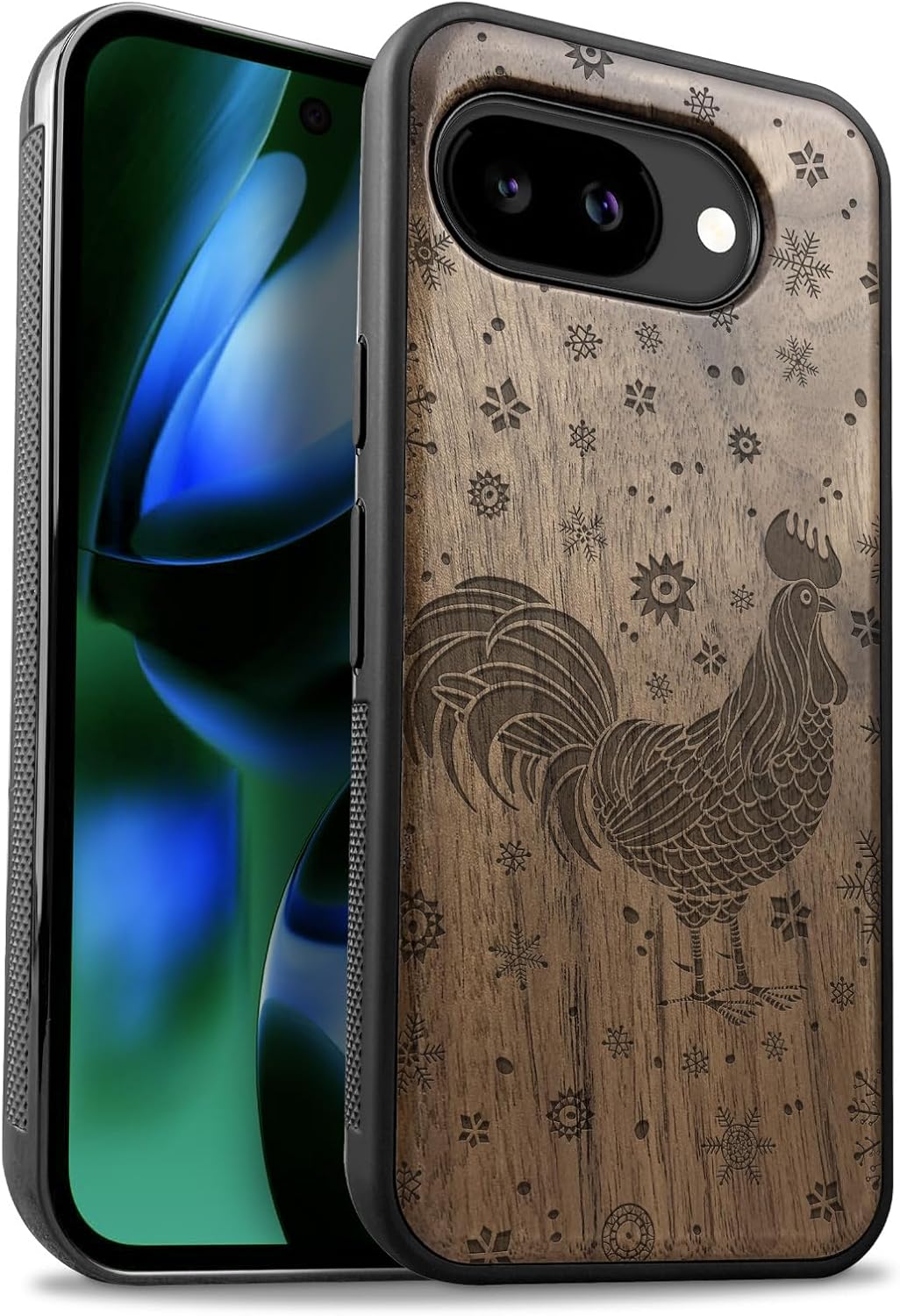 Carveit Magnetic Wooden Case for Google Pixel 10a Case, Wood Artisan Engraved & Soft TPU Shockproof Cover, Compatible with MagSafe Wireless Chargers (Rooster Winter Spirit) Walnut