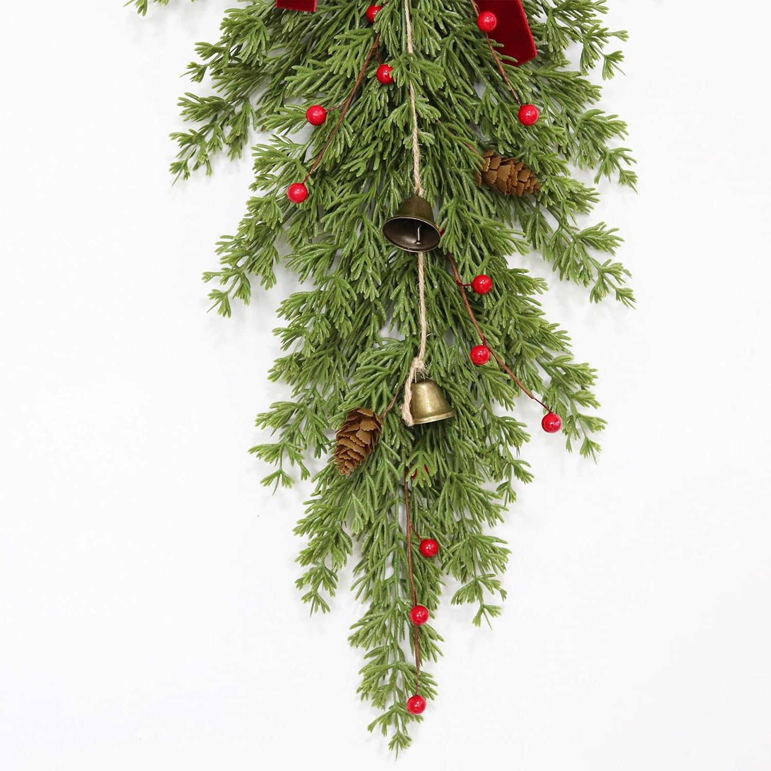 22'' Artificial Christmas Wreaths Swags with Red Bow Bells and Berry (1)