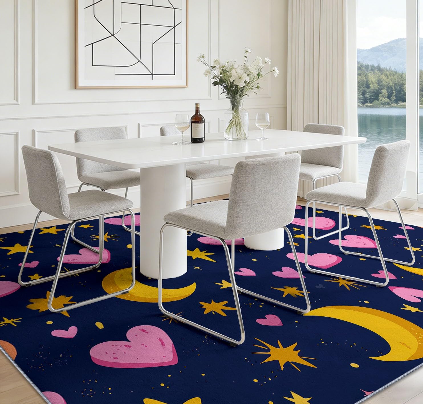 Tapis Salon Lavable en Machine 180 x 240 cm Cœur Étoilé Lune, Céleste Onirique Tapis de Chambre Doux et Antidérapant - Moquette Poils Courts Intérieure pour Salon Chambre d'enfant Bureau