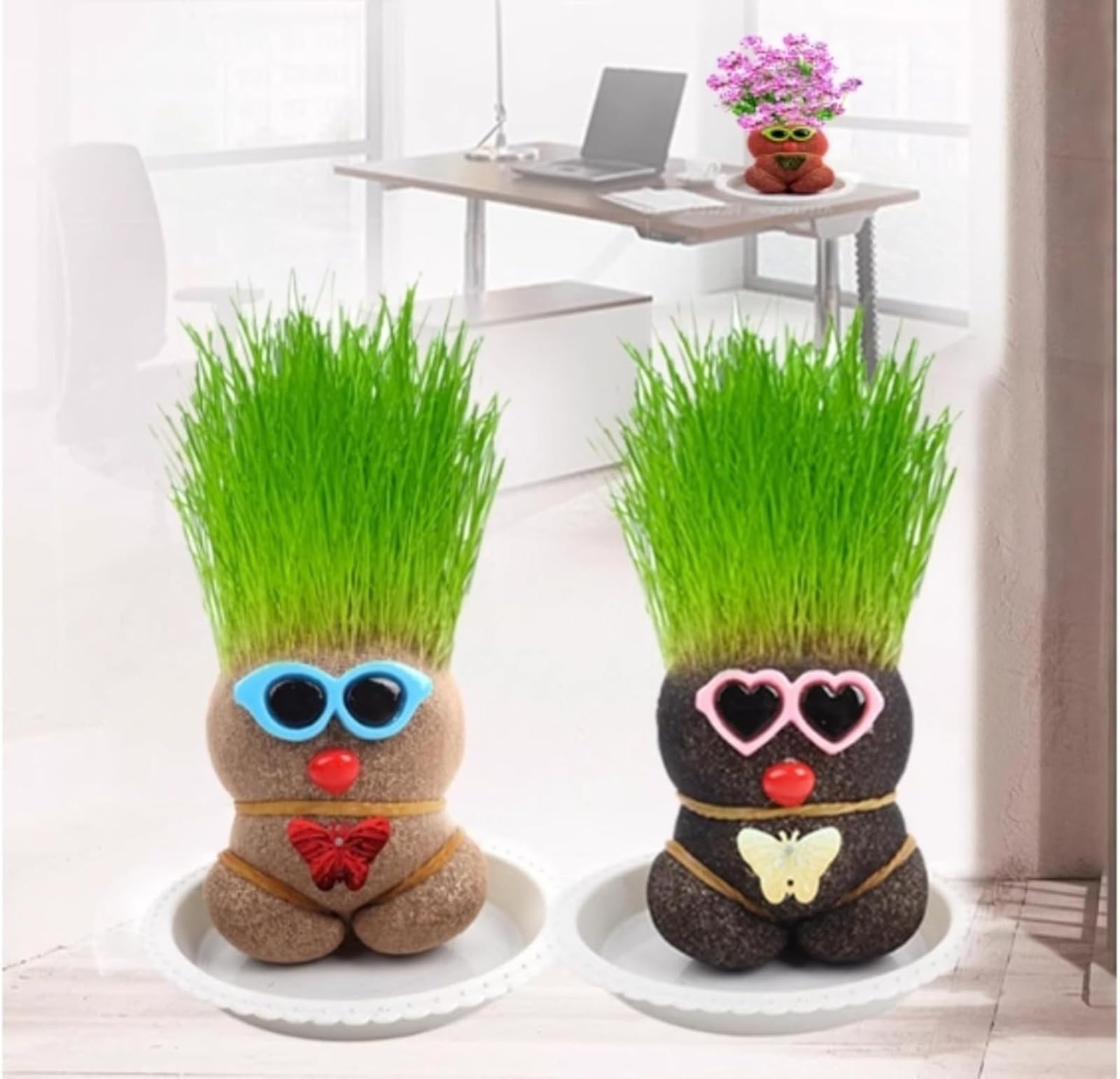 Mini Bonsaï Répulsif pour Moustiques Plante Poupée Tête d'Herbe avec Plateau 3 Pièces