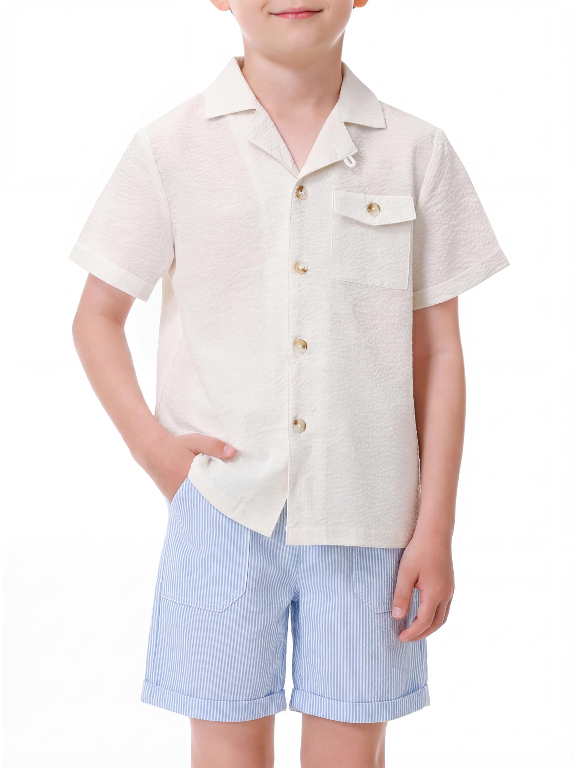 Volunboy Set Estivo Ragazzi Seersucker, Camicia a Bottoni con Colletto + Pantaloncini Vita Elastico,4-10 Anni