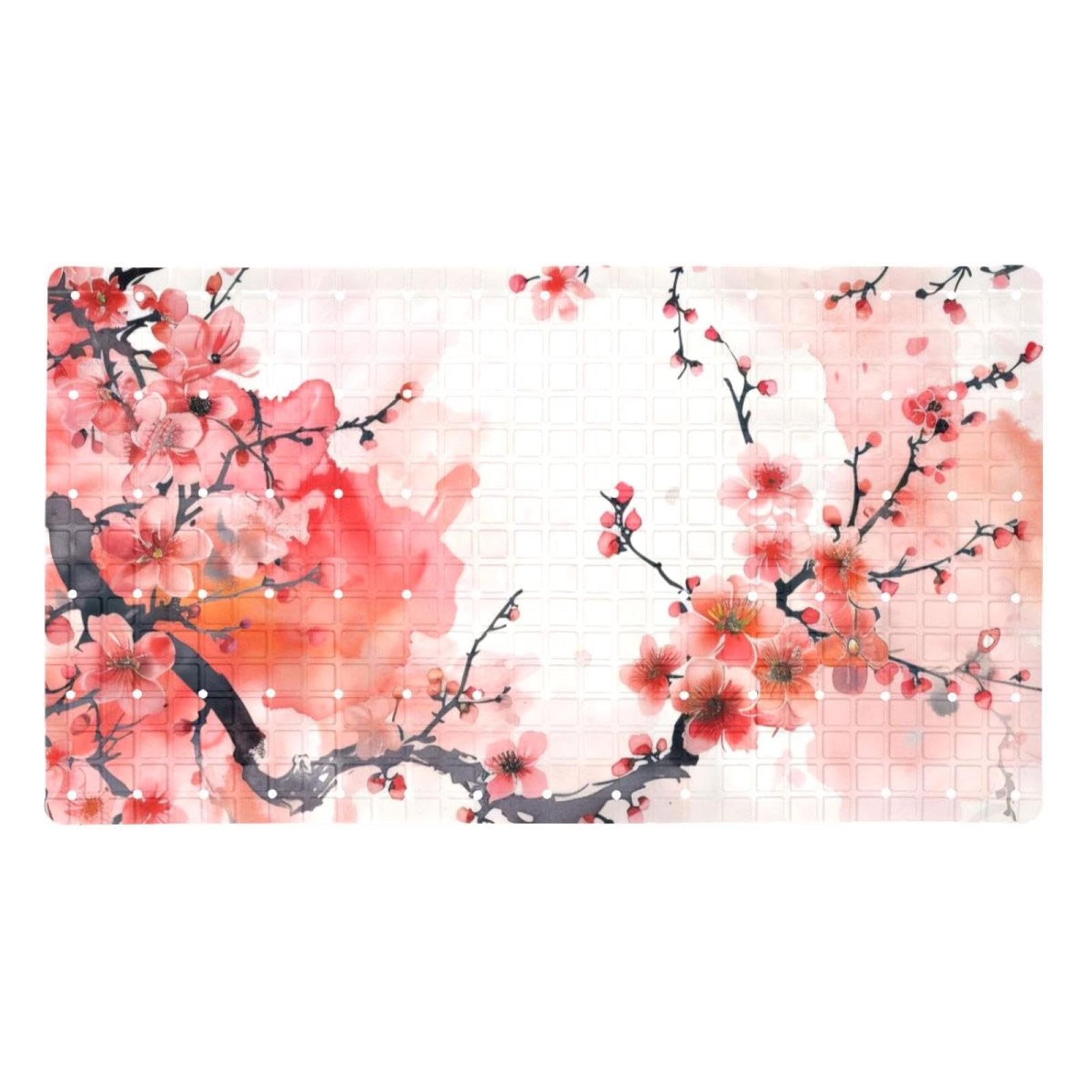 Badematte mit Saugnäpfen, Motiv: Kirschblüten, 39,9 x 70,9 cm, rutschfeste Badezimmermatten, maschinenwaschbar