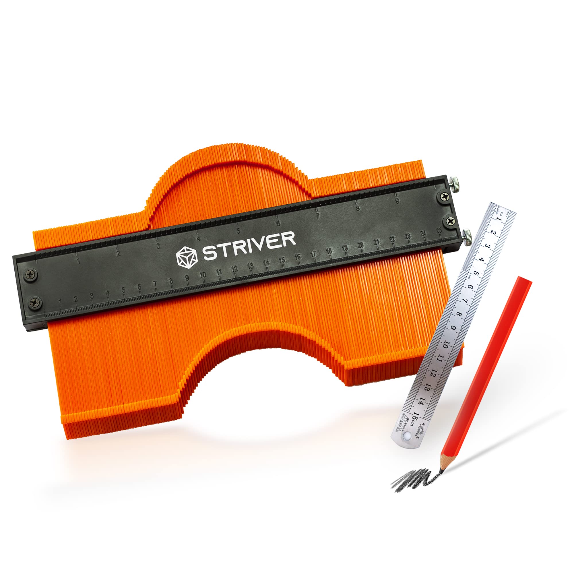 Striver 10” Contour Duplication Gauge with Advanced Adjusting Screws and Lock System, Precise Accuracy, Corner Measuring, Angle Template Duplication Tracing, Includes a Carpenter’s Pencil, Steel Ruler