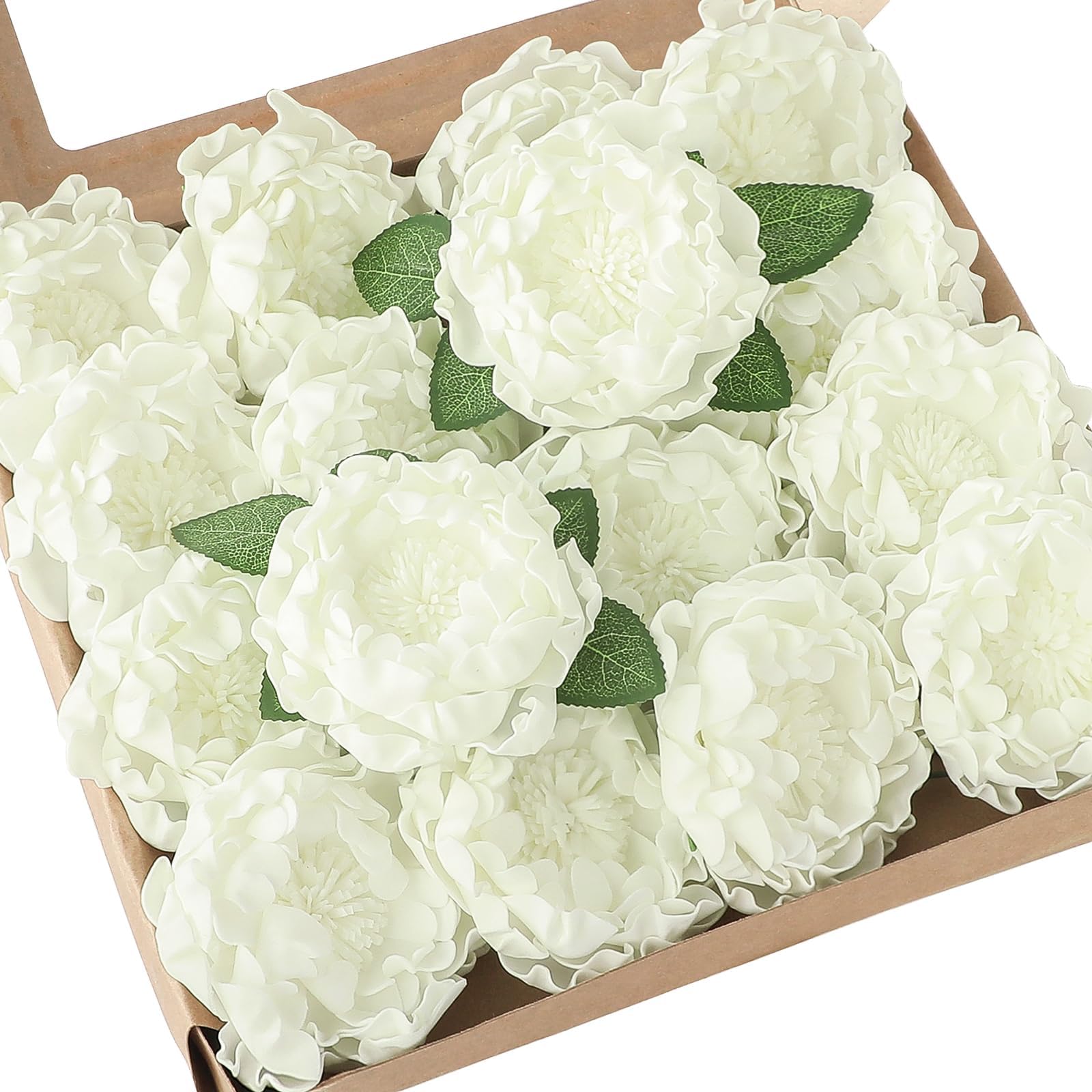 Floroom Artificial Flowers 16pcs 4" Ivory Blooming Peonies Real Looking Foam Fake Peony with Stems for DIY Wedding Bouquets Bridal Shower Centerpieces Floral Arrangements Party Tables Home Decorations