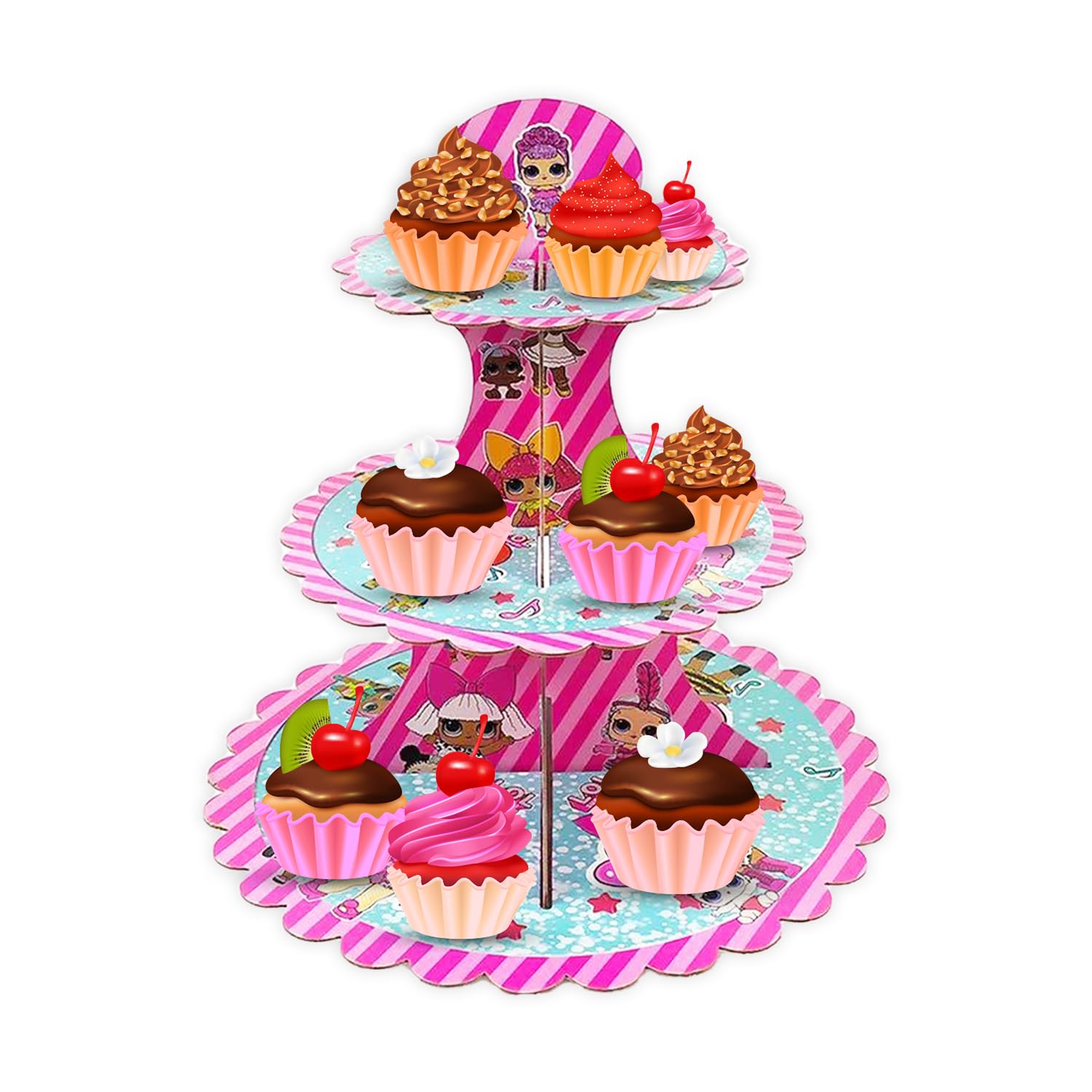 Aex Cardboard Cupcake Stand – 3 Tier Dessert Display For Muffins, Pastries, And Treats – Lightweight & Reusable, Surpise Doll