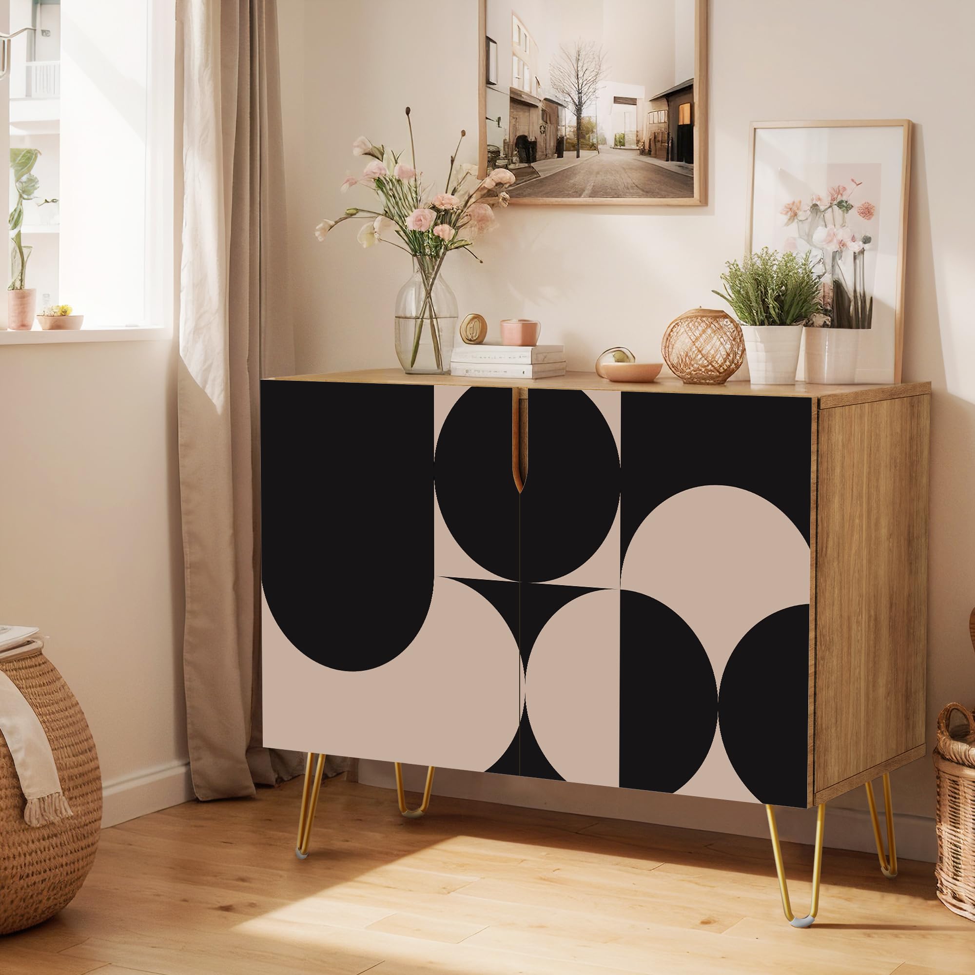 SIGNWIN Sideboard Buffet Cabinet, Kitchen Storage Cabinet with 2 Doors, U-Shaped Black and White Abstract, Cupboard Console Table for Dining Room - 35