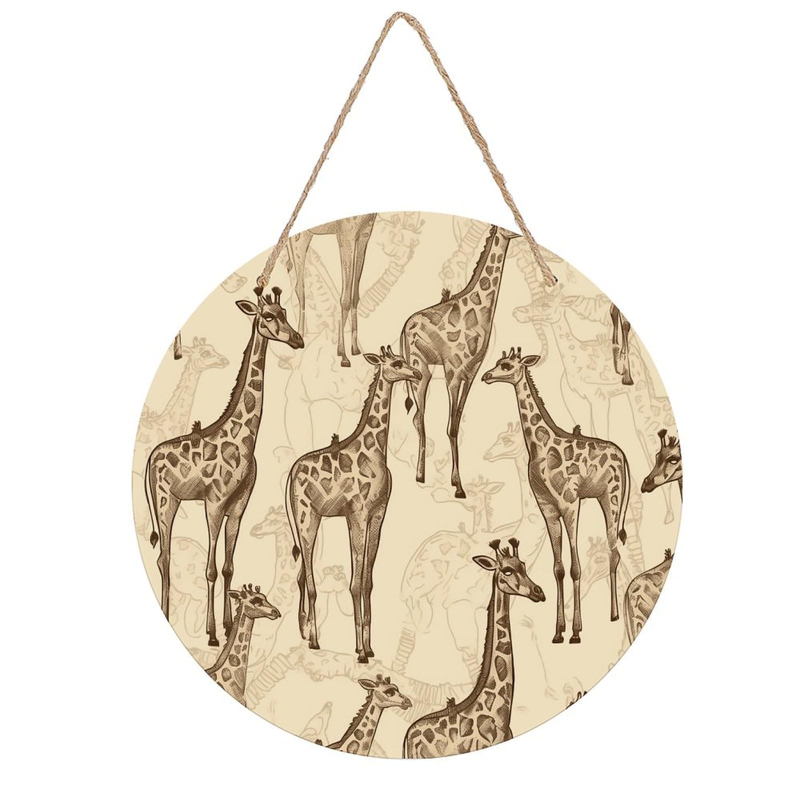 VstaDank Hand Drawn Giraffes Wall Decor Round Wood Hanging Sign 7.9x7.9 in Wooden Circle Door Hanger with Ropes, Rustic Wall Art Decor for Home Front Door Indoor Outdoor Decoration