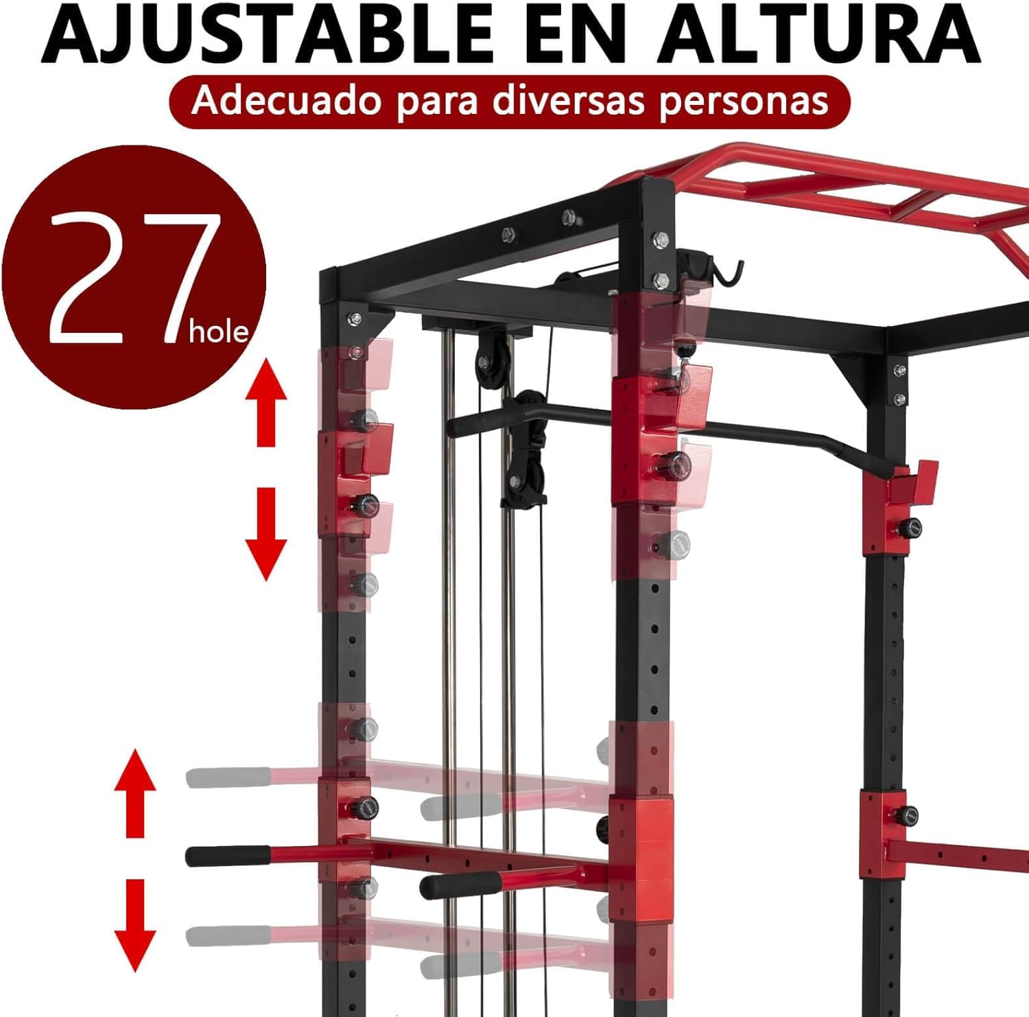 Jaula de Musculación,Equipo de Ejercicio de Musculación,Multifuncional para Sentadillas con Barras de Dips Acoplables y 2 Puntales de Seguridad Macizos,Torre y Jaula Multiestación