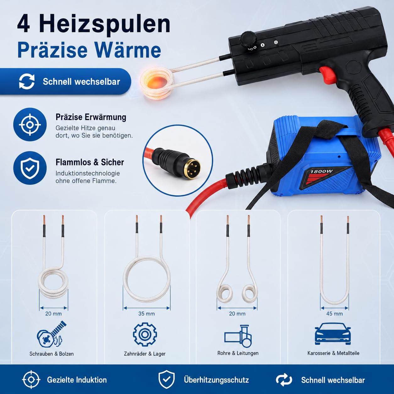 Riscaldatore a induzione da 1,8 kW, riscaldatore a induzione per auto con 4 bobine riscaldanti per officina e garage, blu e nero, guidato a mano, rame per viti e dadi arrugginiti