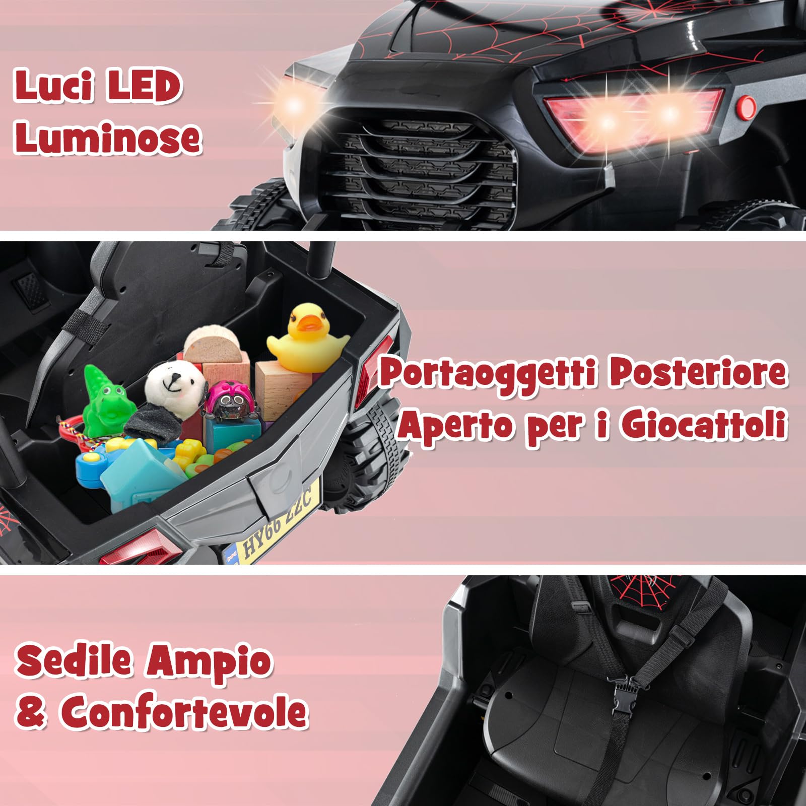 COSTWAY 24V Macchina Elettrica per Bambini, UTV Elettrico con Telecomando Cintura di Sicurezza a 3 Punti, 3 Velocità 2,5-4,5 km/h, Partenza Lenta, Veicolo per Bambini di 3-8 Anni (Nero+rosso)
