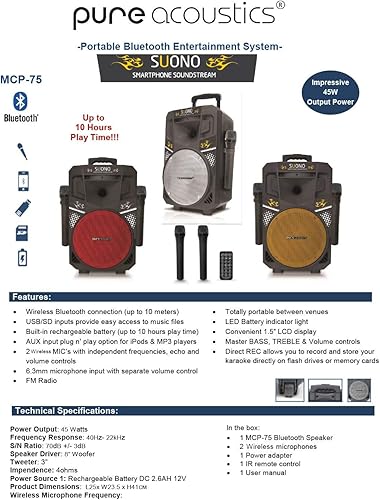 Miniatura 3 de Sistema PA inalámbrico portátil Bluetooth, altavoz de audio de 8 pulgadas y dos micrófonos gratuitos (negro)